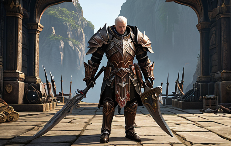** A Lineage 2M character sadly leaving behind old equipment (weapons, armor) representing their previous class. The scene should evoke a sense of loss but also anticipation. Prompt: "Lineage 2M character saying goodbye to old gear, conflicted emotions, start of a new adventure."
**