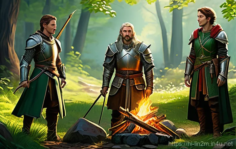 리니지2M 파티 플레이 장점 - **Prompt:** A diverse group of four fantasy adventurers, comprising a brave female knight in polishe...