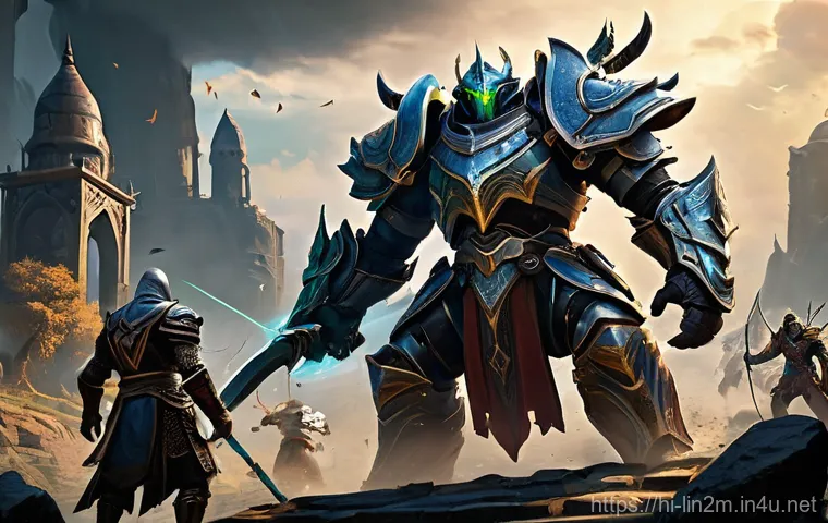 리니지2M GM 이벤트 참여법 - **Prompt:** An epic, dynamic scene showcasing a diverse team of five Lineage2M fantasy characters—a ...