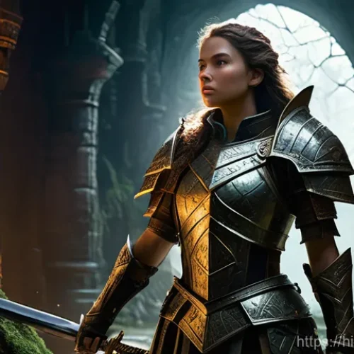 Home 22 리니지2M 희귀 장비 획득 - **Prompt: "A determined female warrior, clad in practical, intricate fantasy armor covering her enti...