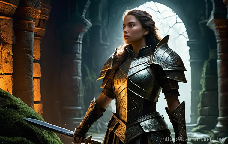 리니지2M 희귀 장비 획득 - **Prompt: "A determined female warrior, clad in practical, intricate fantasy armor covering her enti...