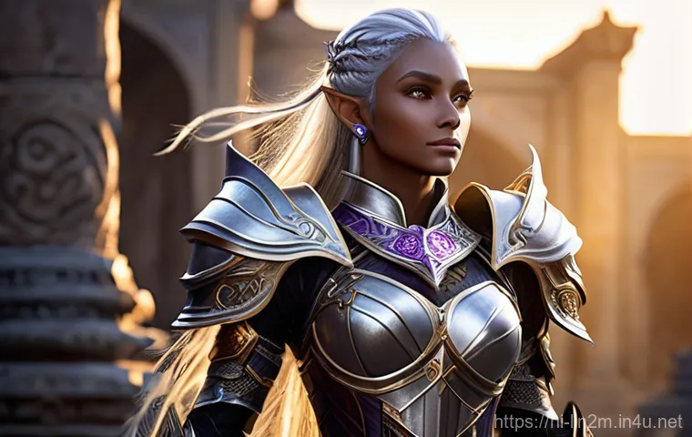리니지2M 무료 스킨 획득 방법 - **A majestic female Dark Elf warrior in Lineage2M, fully clad in elaborate, high-fantasy armor with ...