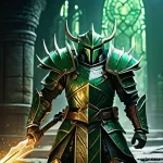 Home 8 리니지2M 장비 세트 효과 정리 - A powerful fantasy warrior, fully clad in intricate, layered armor, stands resiliently in a grand, s...